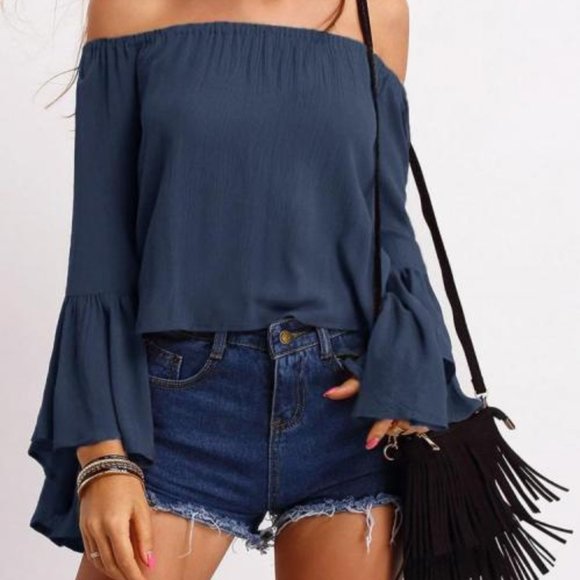 SHEIN Tops - SHEIN Navy Blue Off the Shoulder Blouse Size S